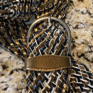 Retro vintage woven belt in gold, black and white with silver hardware